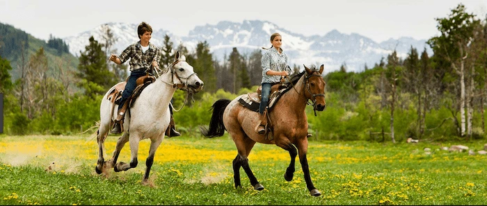 Confident plus-size woman riding Paisley a horse through a field with a smile on her face.